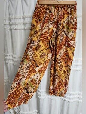 Christian Siriano Mustard Patchwork-Print Boho Pants